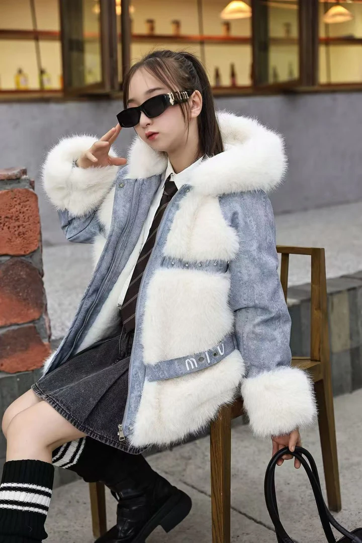 女童毛绒派克服冬季加绒加厚连帽保暖外套