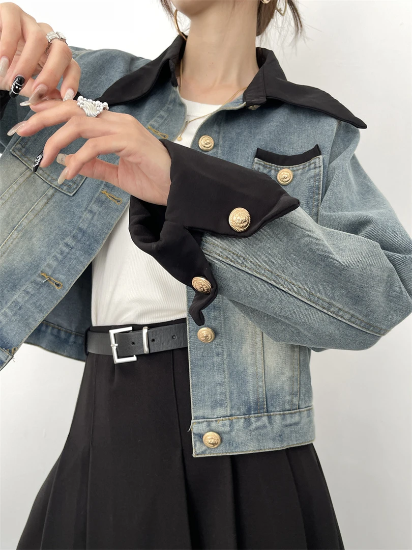 2023秋冬法式尖领ins牛仔外套女气质通勤小个子夹克女上衣女外套