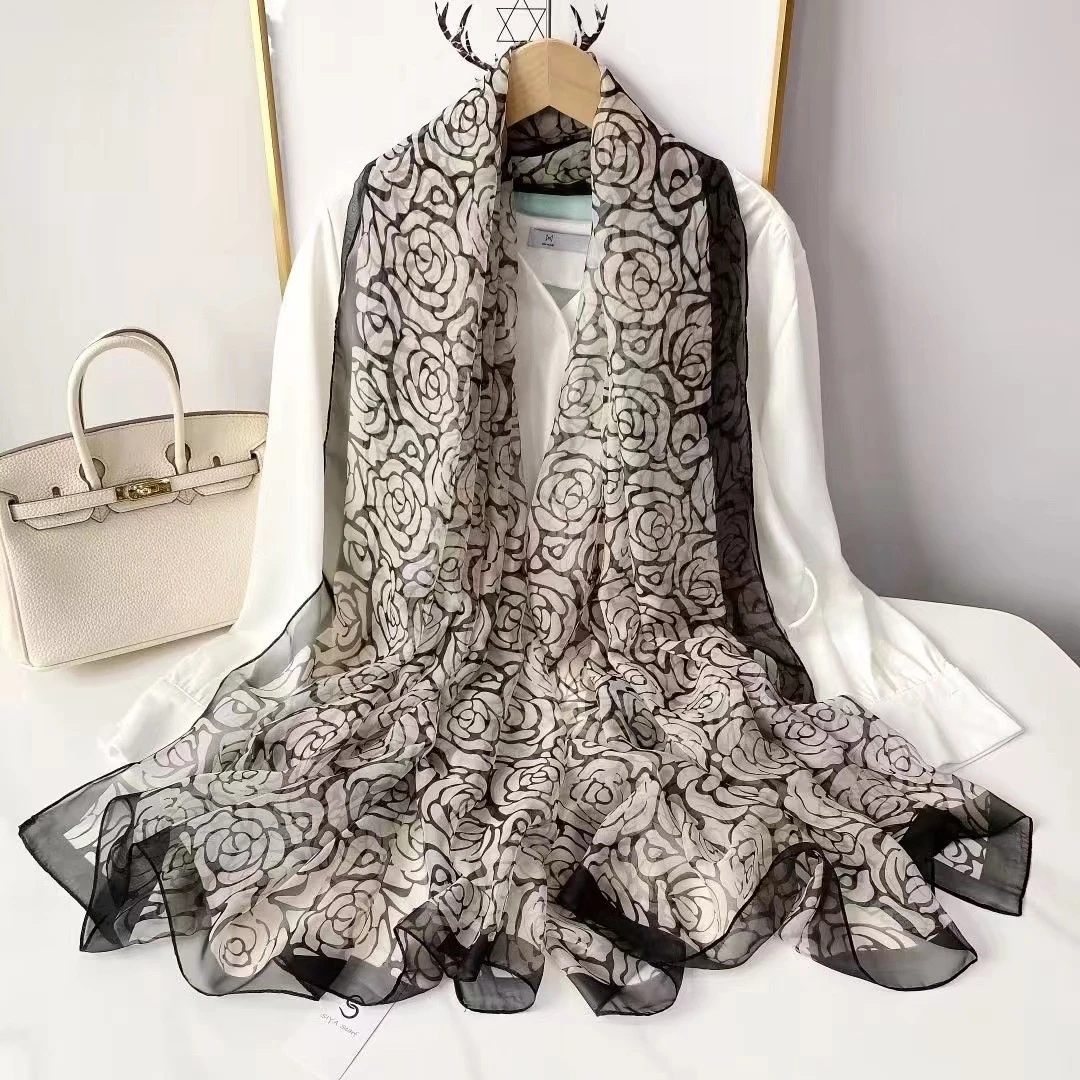 山茶花优柔纱纱巾180*130夏季薄款防晒纱巾沙滩巾百搭优雅印花