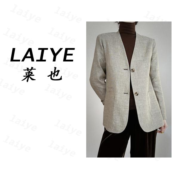 LAIYE 【金丝亚麻】秋季新款欧货时尚气质V领双口袋亚麻小西服雅丹