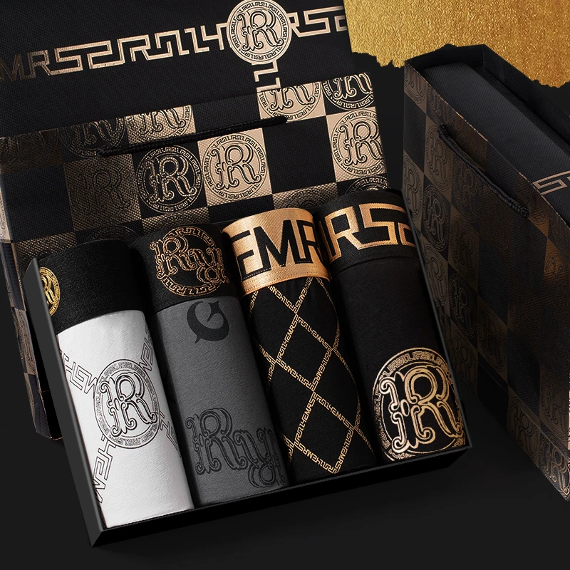 轻奢印花男士内裤平角纯棉大码薄款男生全棉裆抗菌潮流四角裤礼盒