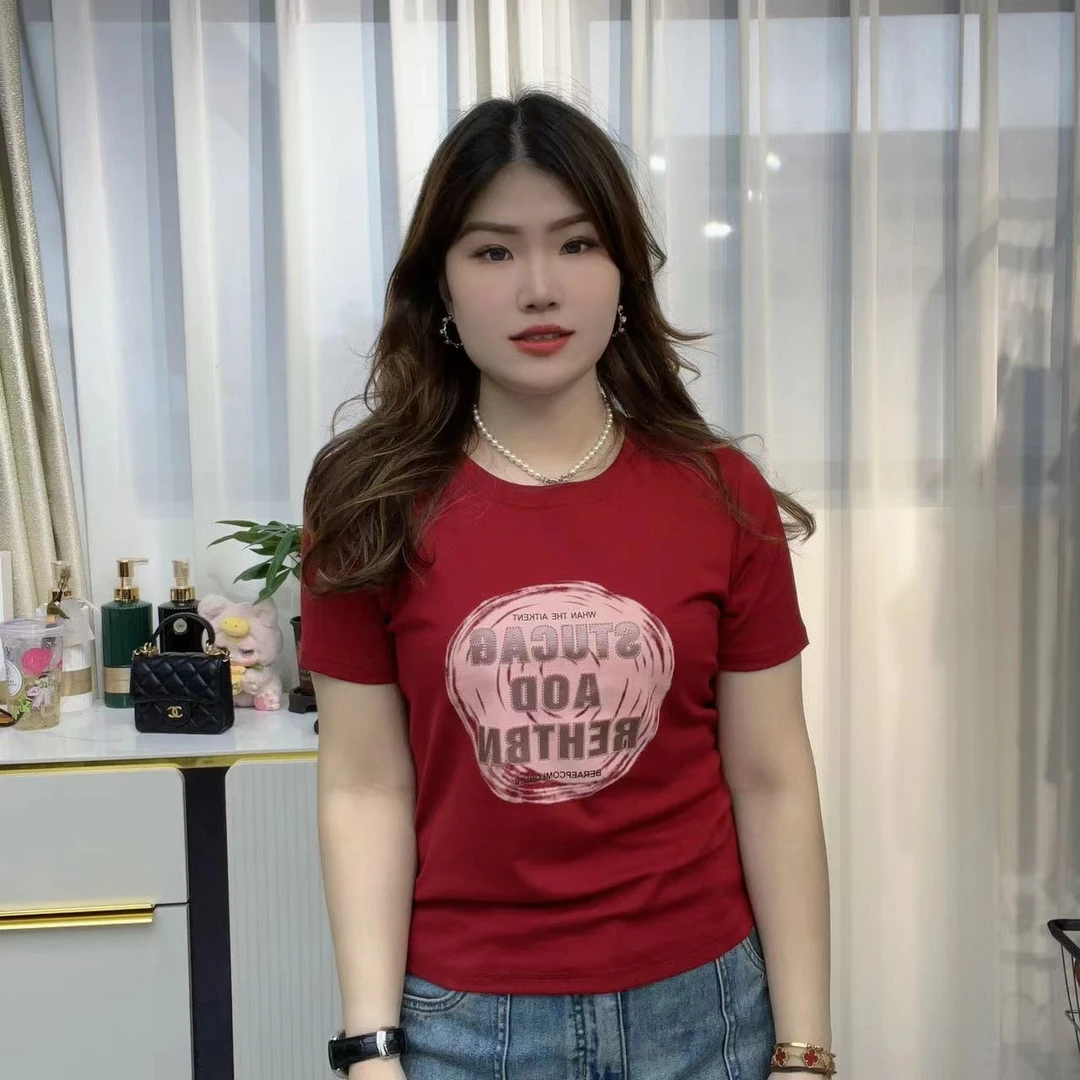 小鑫肝@现货浮力圆形英文图案印花烫钻休闲版短袖T恤 752
