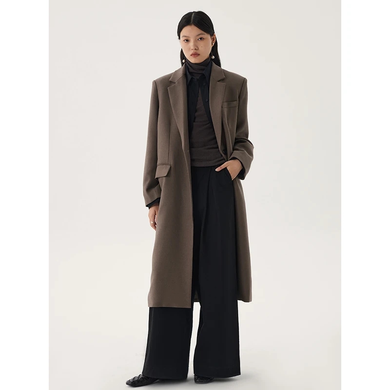 piece by piece通勤简约宽松西装领奶咖色中长款毛呢外套秋冬