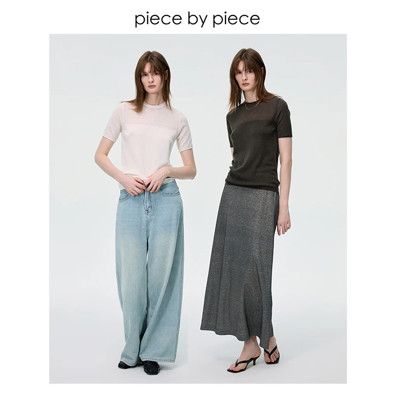 piece by piece 透视圆领半袖针织 60支双股羊毛醋酸轻奢触感上衣