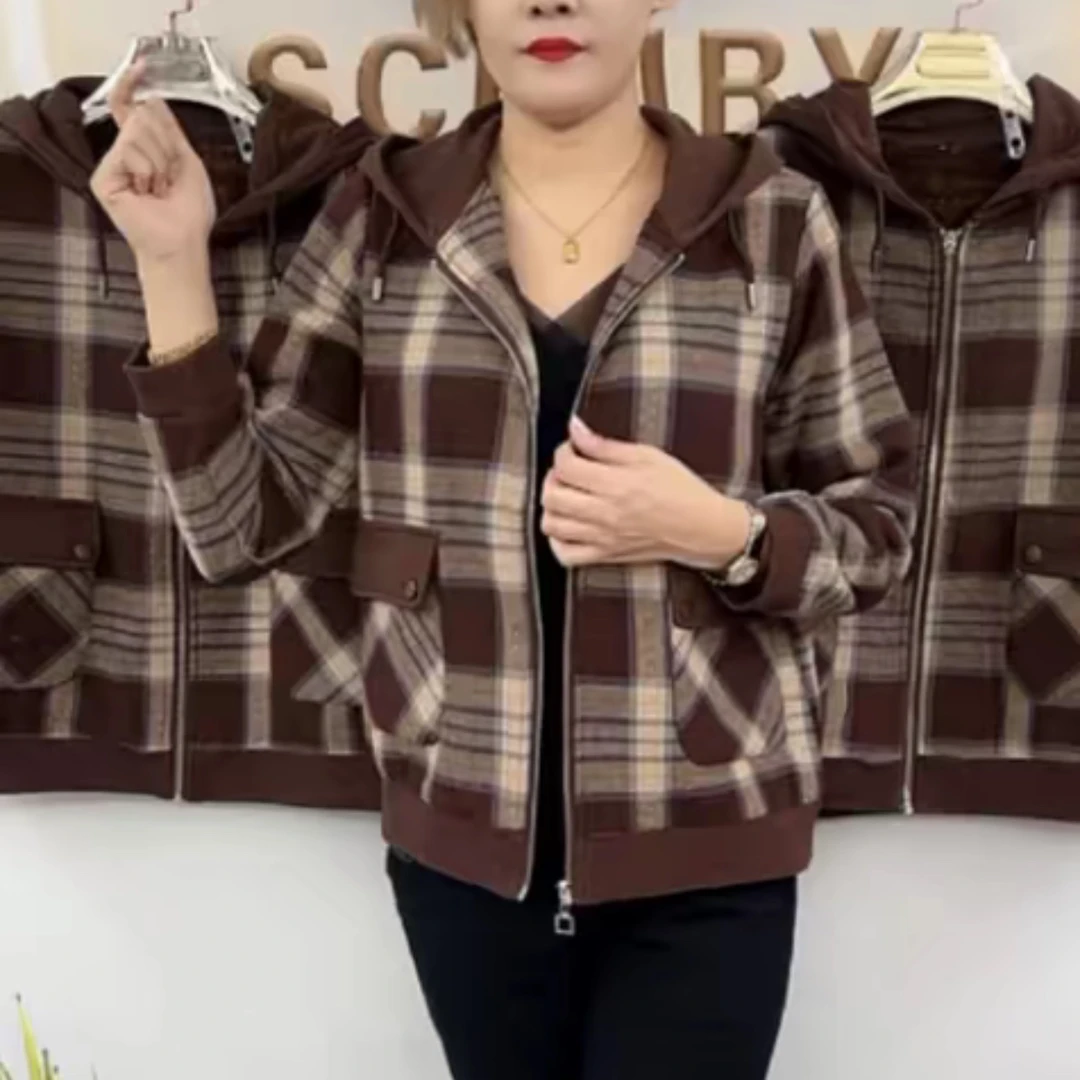 加绒加毛拼色格子厚外套