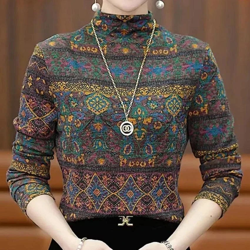 2024秋冬加绒半高领洋气条纹长袖打底衫女气质修身内搭上衣百搭