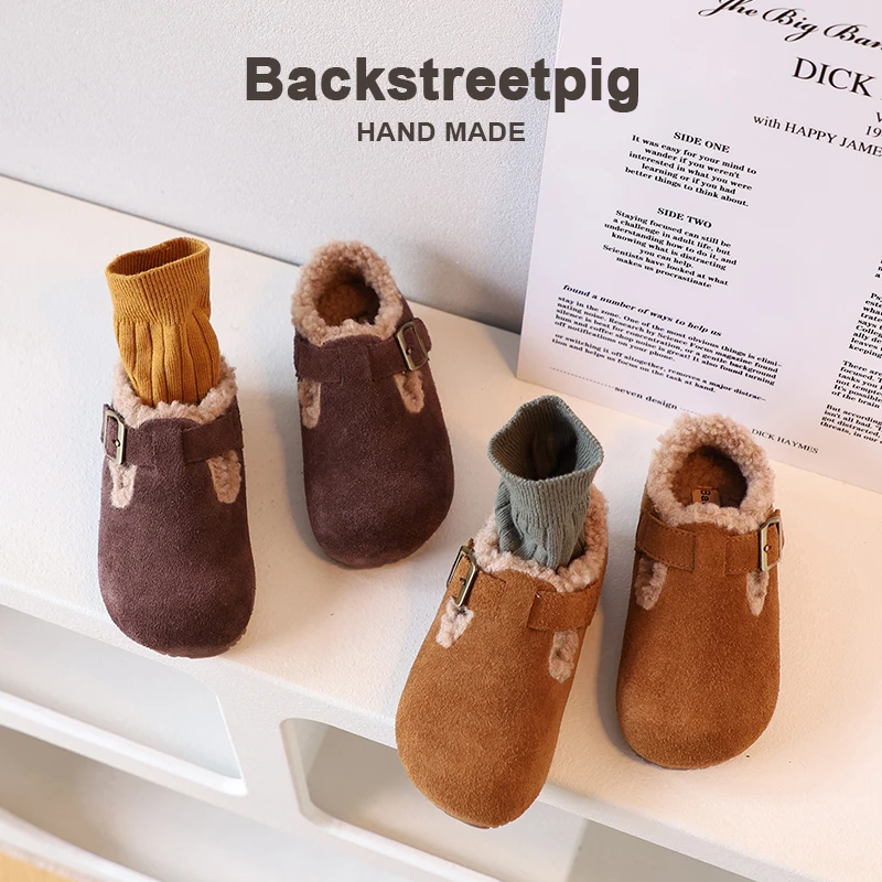 真皮女童棉鞋秋冬季加绒男童毛毛鞋中小童豆豆鞋软底儿童勃肯鞋潮