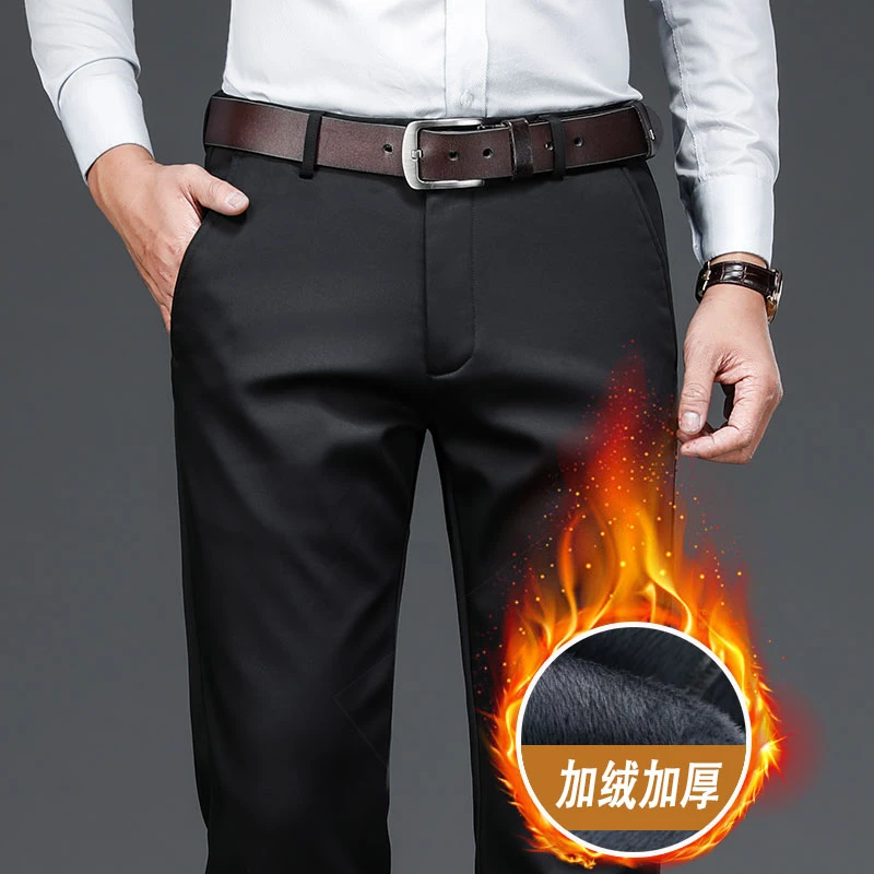 高档秋冬季加绒休闲裤男士直筒宽松中年爸爸男裤弹力大码保暖裤子