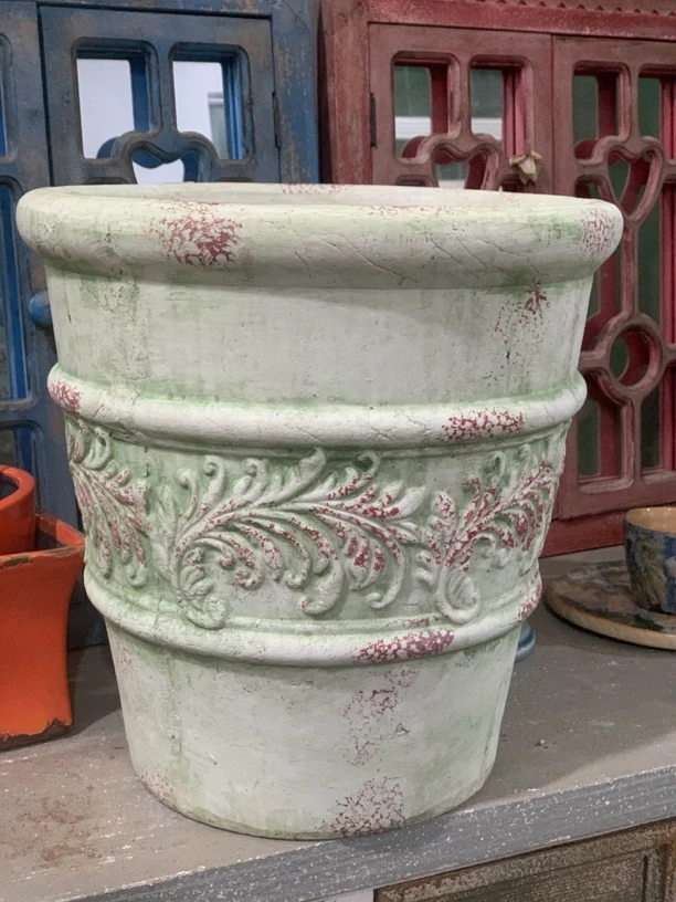 手压红陶盆复古做旧 凤翎高筒花盆