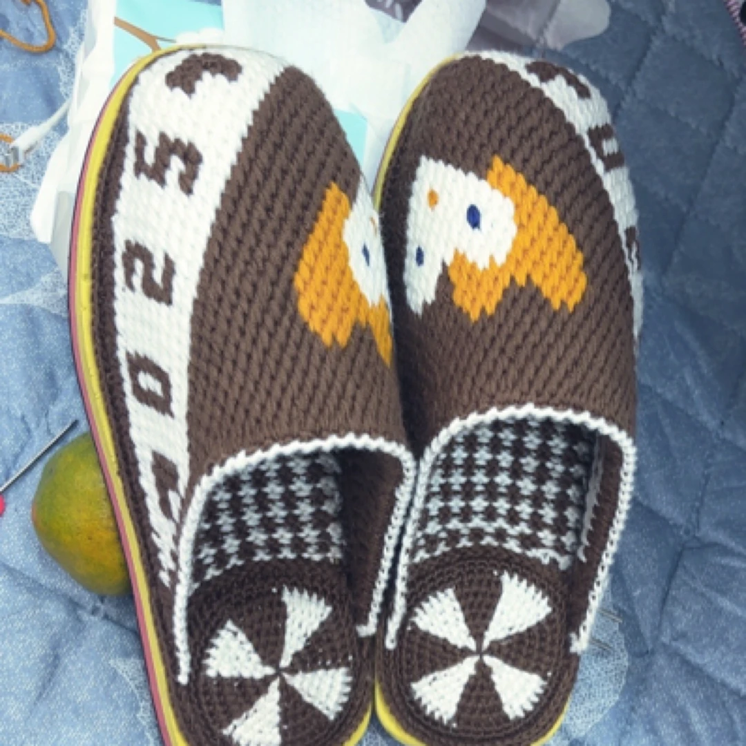 秋冬季手工毛线钩花拖鞋居家防滑耐磨情侣拖鞋