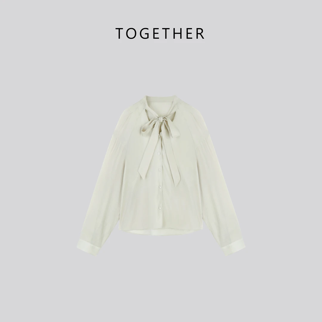 TOGETHER DW STUDIOS【初恩】春季V领系带优雅气质长袖衬衣#W1328