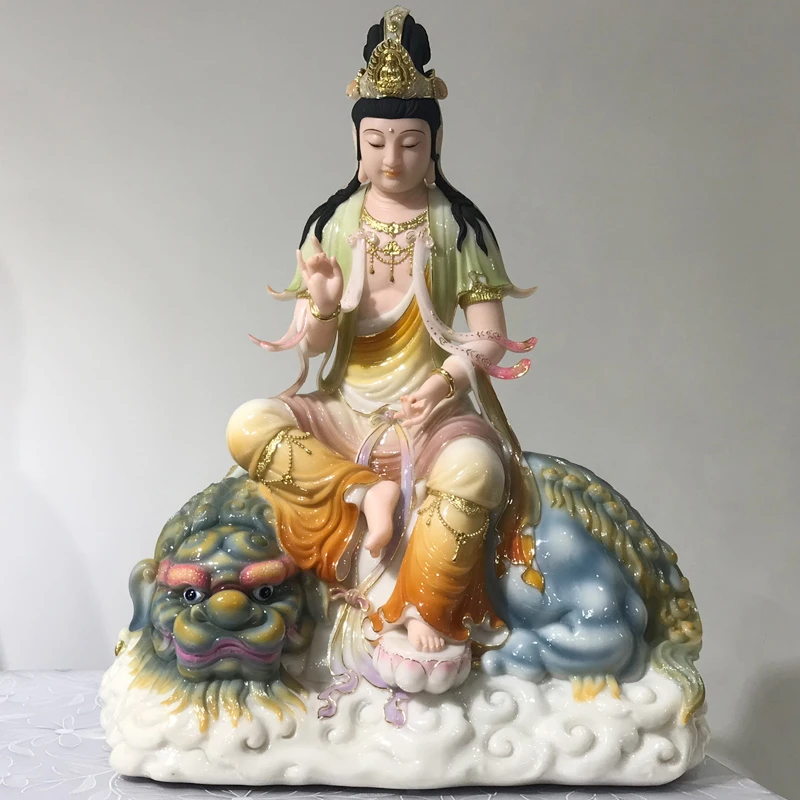 汉白玉文殊普贤菩萨像中式居家客厅彩绘摆件