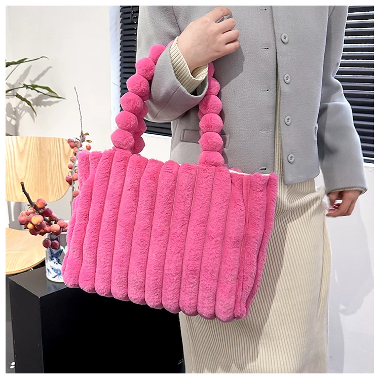 包包秋季女2024 毛绒包气质大容量托特包秋冬新款纯色时 尚手提包