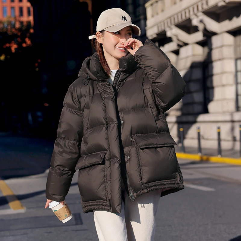 2025冬季新款加厚连帽鸭绒羽绒服女款大码宽松超厚东北面包服极寒