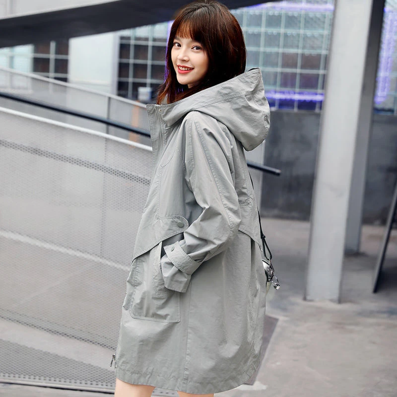 女士高档连帽风衣外套女中长款休闲外套女春秋大码风衣外套女胖mm