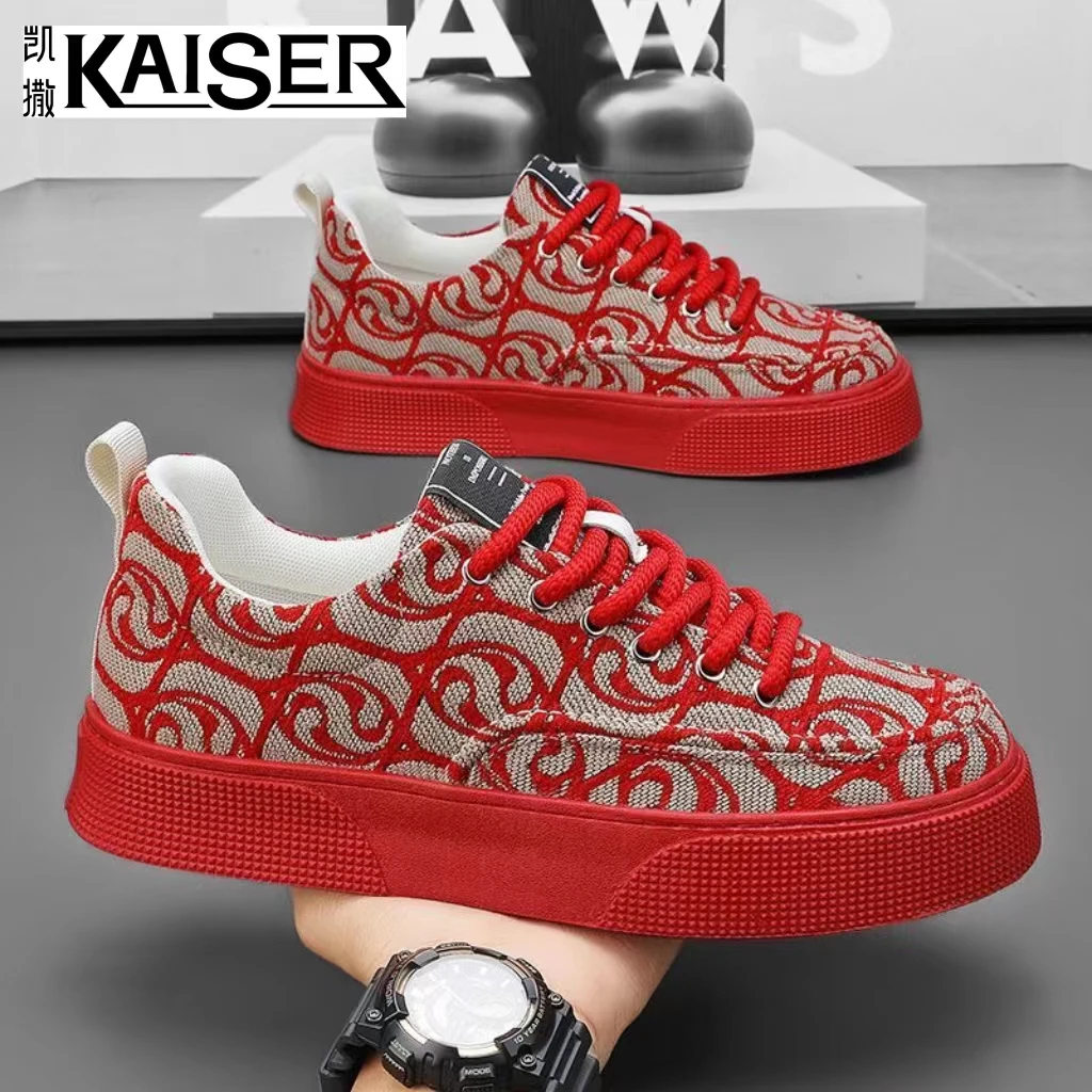 KAISER/凯撒新款男鞋时尚透气帆布鞋男红色运动百搭板鞋耐磨潮鞋