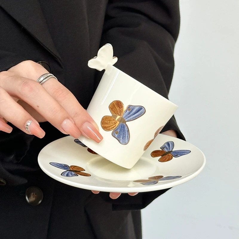 法式复古蝴蝶把手咖啡杯碟下午茶情侣咖啡杯创意陶瓷桌面装饰摆件