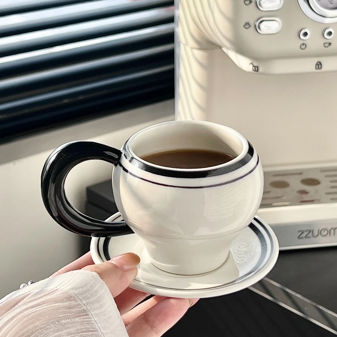 北欧风复古黑色线条咖啡杯碟复古风拿铁卡布美式杯下午茶咖啡店