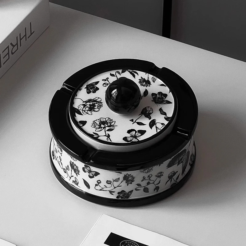 复古法式花鸟烟灰缸轻奢风装饰烟缸办公室带盖防飞灰烟灰缸带盖