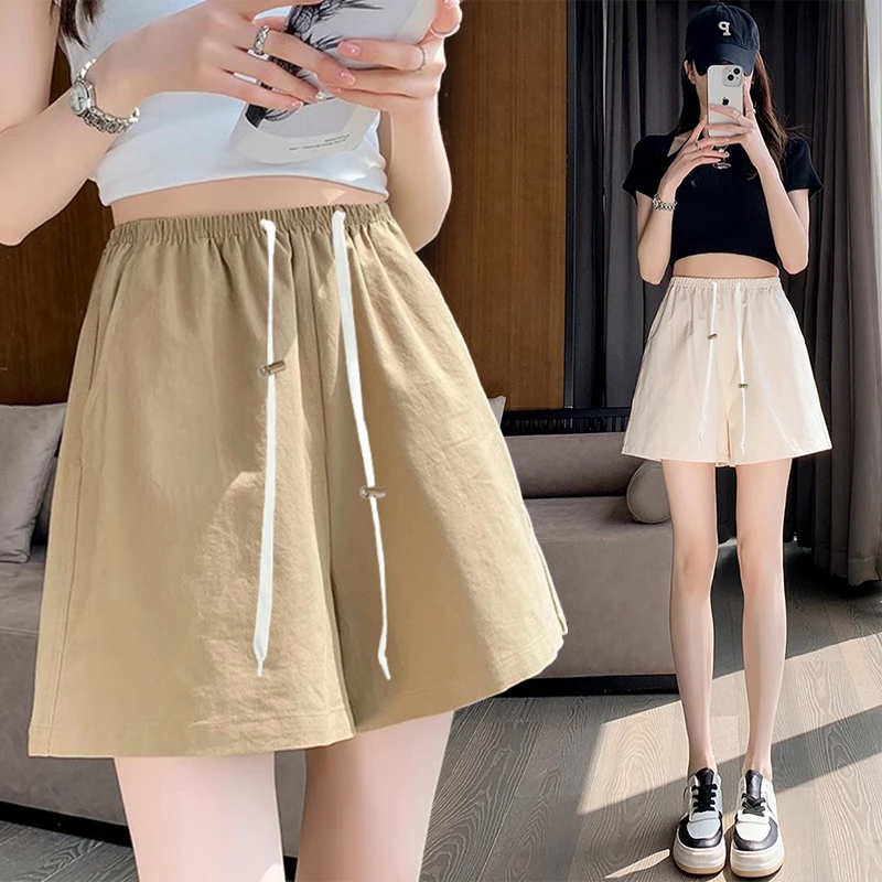 孕妇裤子夏季冰丝外穿阔腿短裤抽绳猪鼻扣高腰百搭显瘦A字版女裤