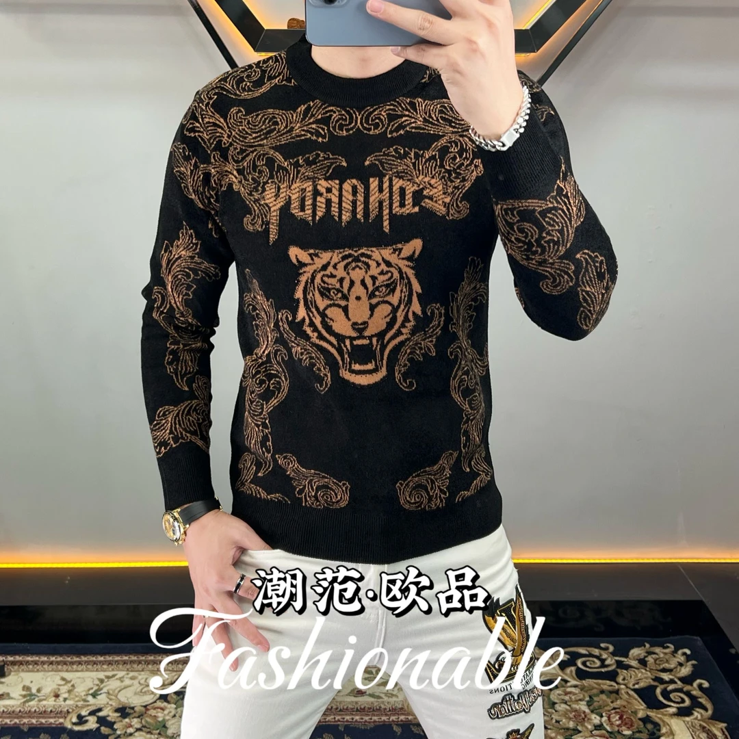 欧货秋冬轻奢男士时尚针织毛衣修身虎头提花轻奢圆领痞帅针织毛衣