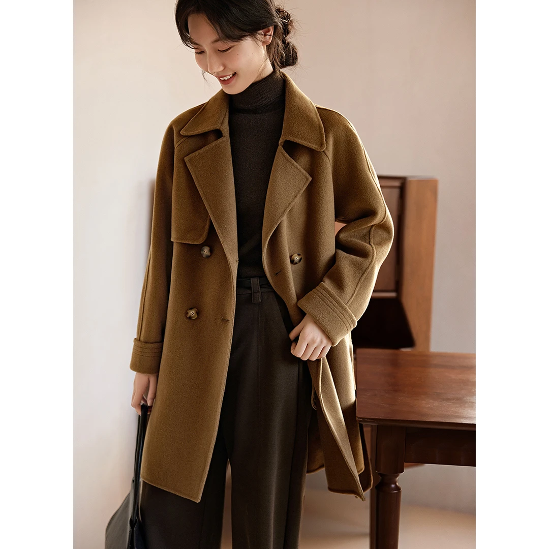 XWI/欣未2023冬季新品爆款风衣式气质系带收腰手工双面呢羊毛大衣
