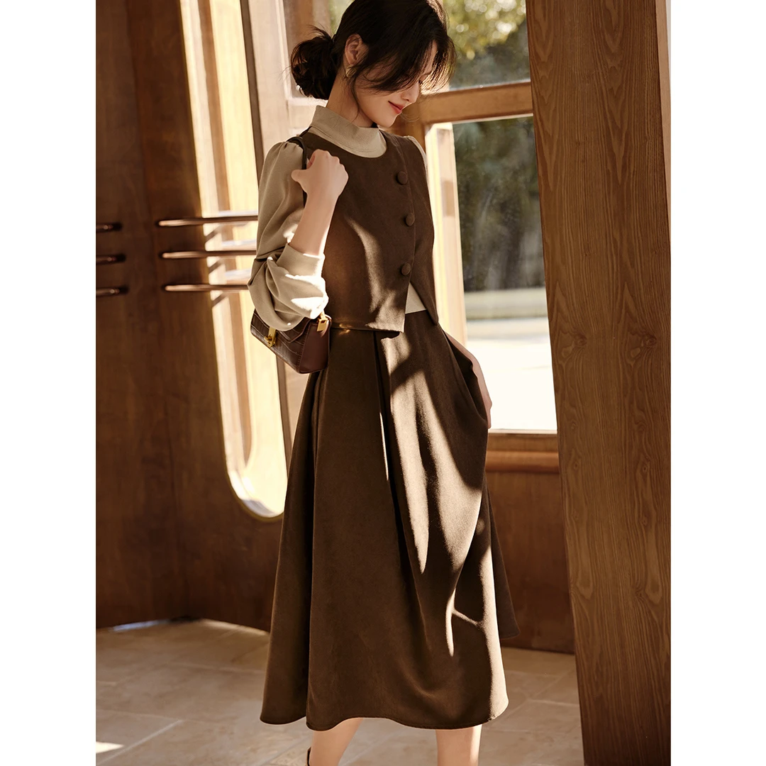 XWI/欣未优雅气质高领假两件连衣裙2023冬季新款撞色拼接连衣裙