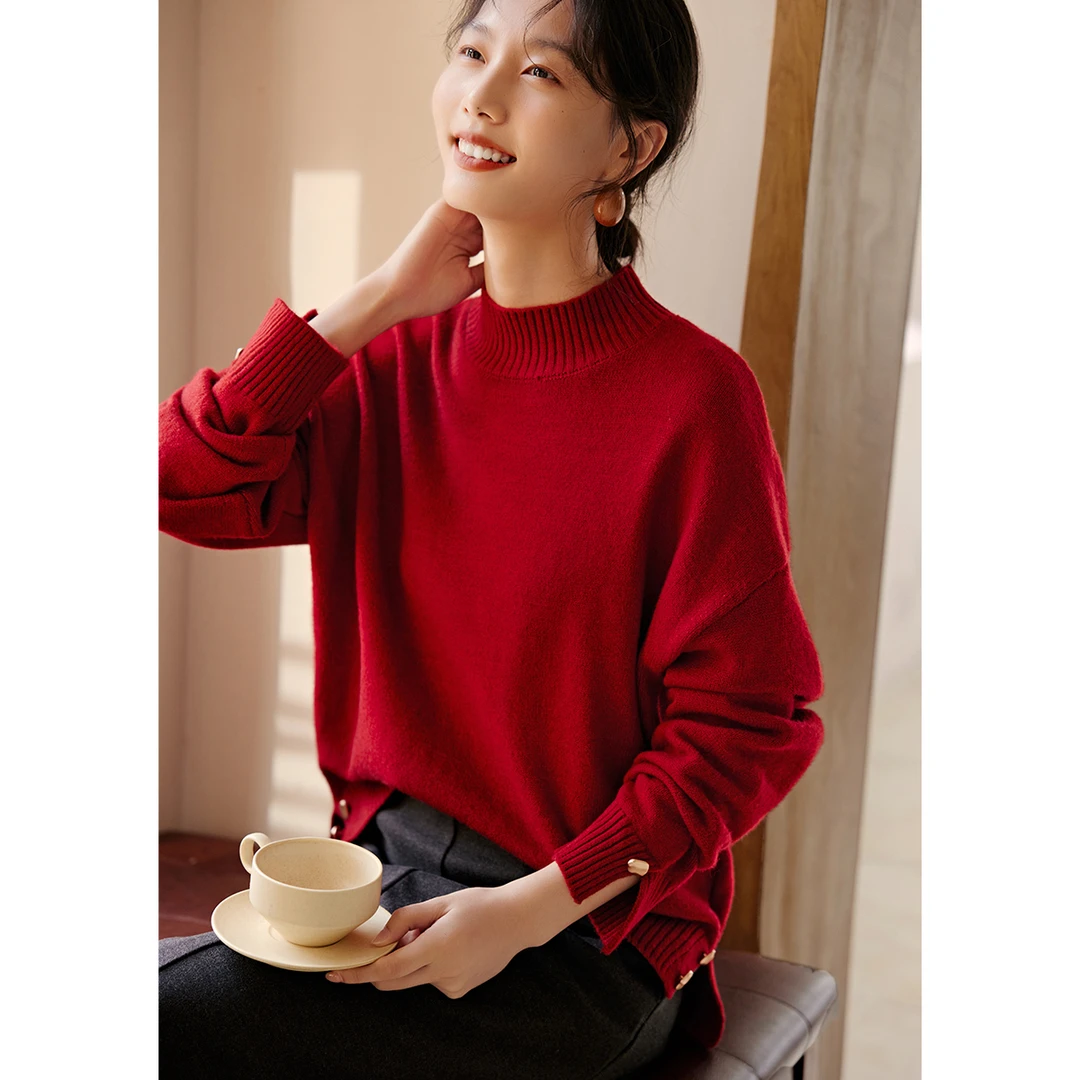 XWI/欣未2023秋冬新款简约百搭温柔氛围感新年红温暖高领针织衫女