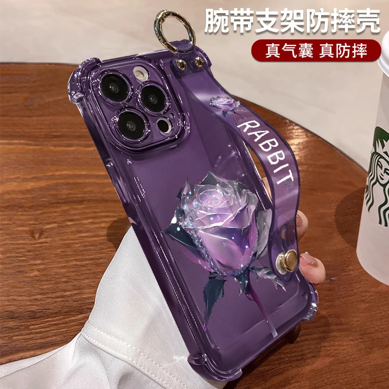适用苹果15四角气囊防摔7/8手机壳iphone14pro紫色玫瑰腕带支架13