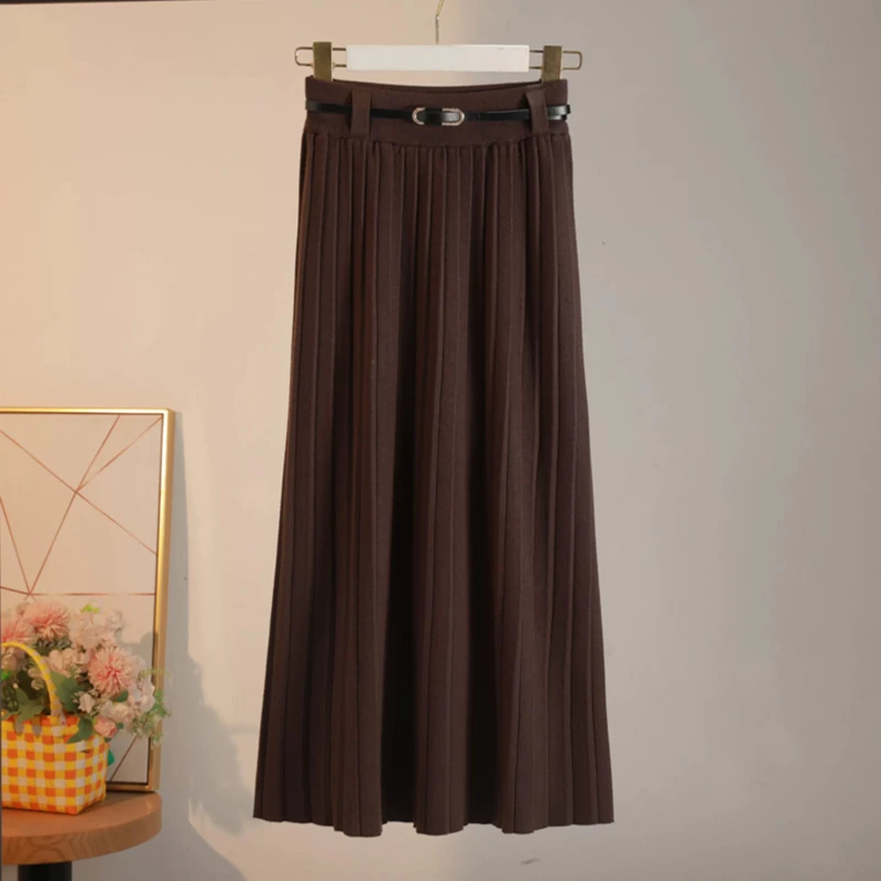 韩系风琴百褶针织半裙女秋冬新款中长款高腰显瘦直筒A字半身裙子