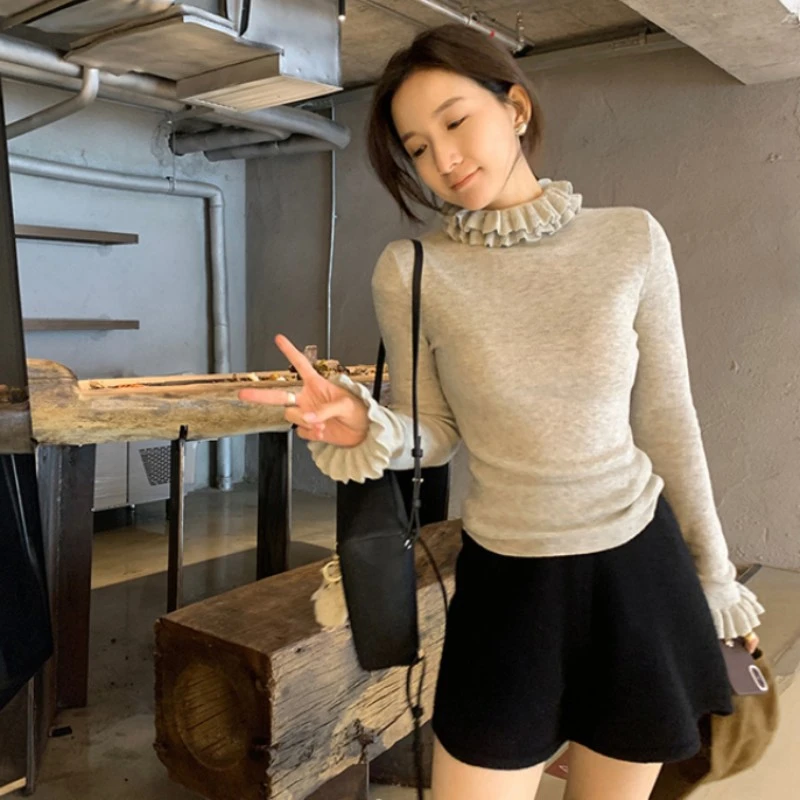 秋冬季韩国叠穿神器~花边半高领针织打底衫灰色内搭小众时尚上衣