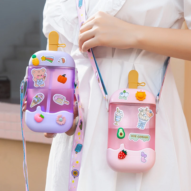 雅非奇【新店福利】创意雪糕冰棒杯便携背带水壶儿童吸嘴斜跨塑料杯