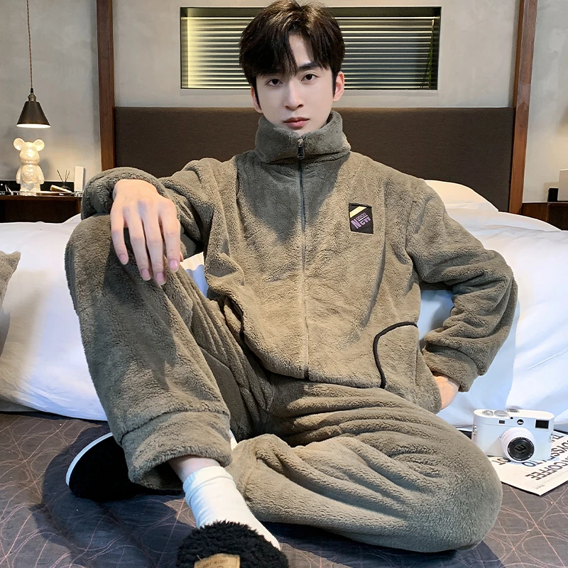 睡衣男秋冬季珊瑚绒加厚加绒拉链保暖法兰绒男士家居服套装可外出