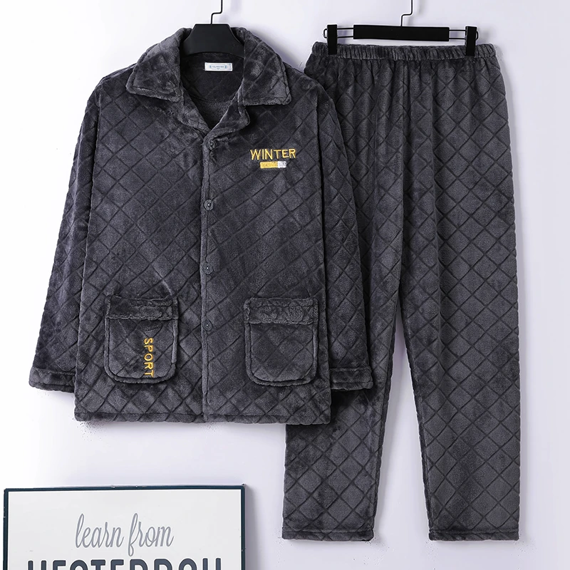 男士睡衣秋冬季珊瑚绒加厚加绒保暖加肥加大码冬天爸爸家居服套装