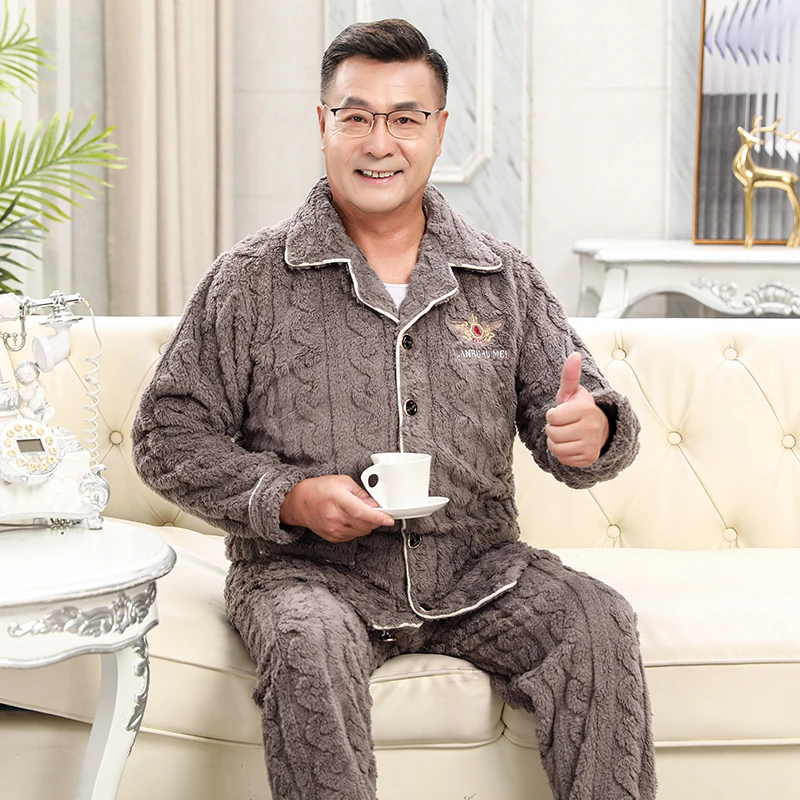 男士睡衣秋冬季珊瑚绒加厚加绒保暖法兰绒2023新款中老年爸爸套装