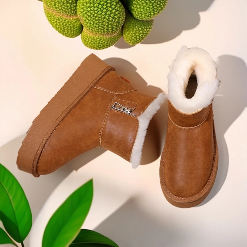 新款爆款冬季女款皮毛一体拉链防水皮女雪地靴冬季加厚防滑时尚