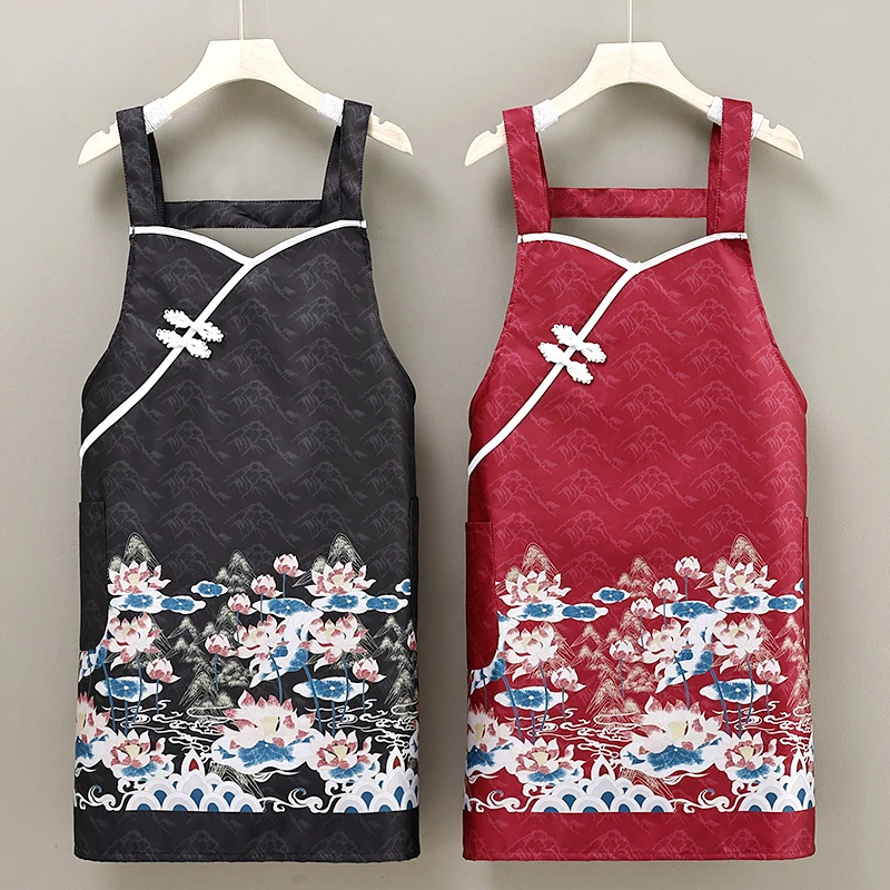 围裙新中式家用厨房透气薄款复古盘扣做饭女士涤棉防污印字工作服