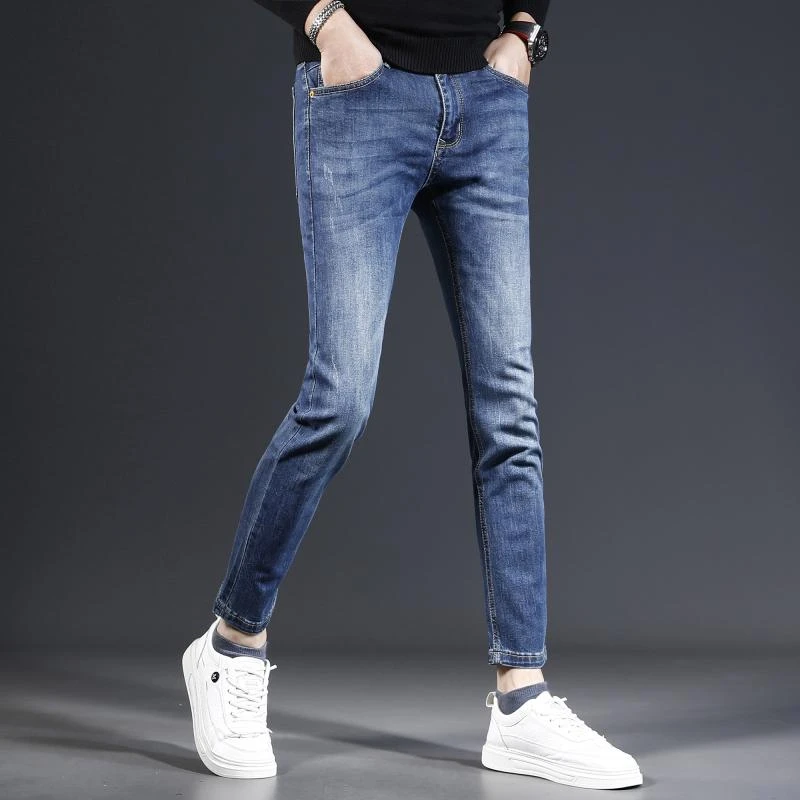 意大利经典蓝色九分牛仔裤男修身小脚春夏新款弹力百搭休闲男士夏