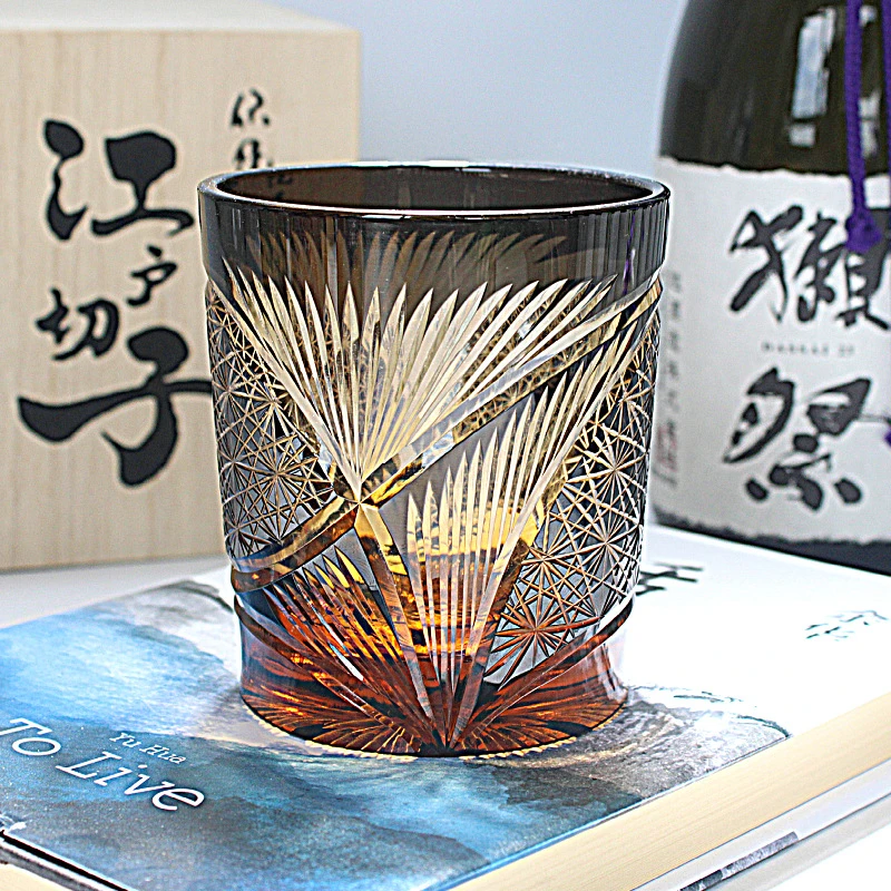 [鹤羽纹]日式水晶玻璃杯威士忌杯江户切子手工雕刻洋酒杯家用礼品