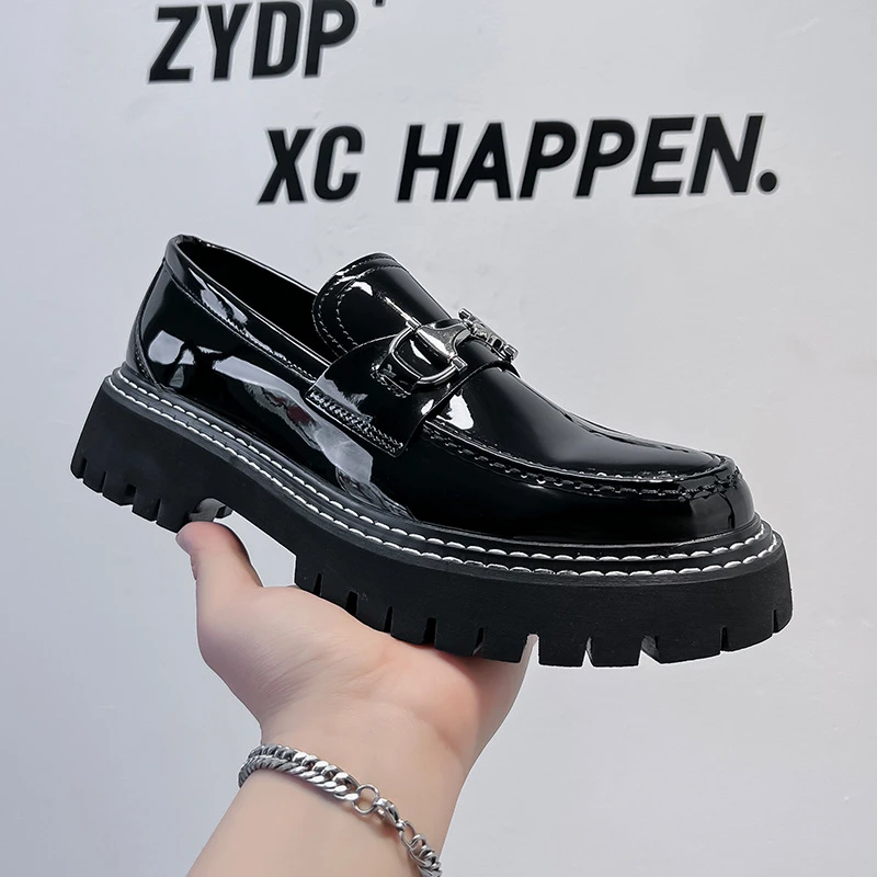 漆皮皮鞋四季无鞋带一脚蹬亮面豆豆鞋男高级感乐福潮鞋亮面潮流款