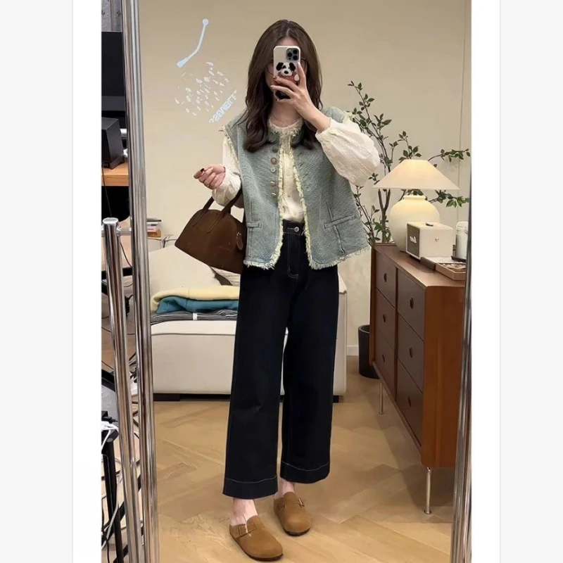 港风新款两件套女装冬季无袖牛仔马甲外套内搭纯色圆领开衫衬衣潮