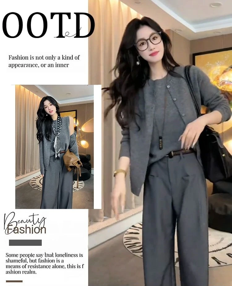 新款慵懒风气质显瘦上衣百搭休闲长裤洋气时尚女韩版套装