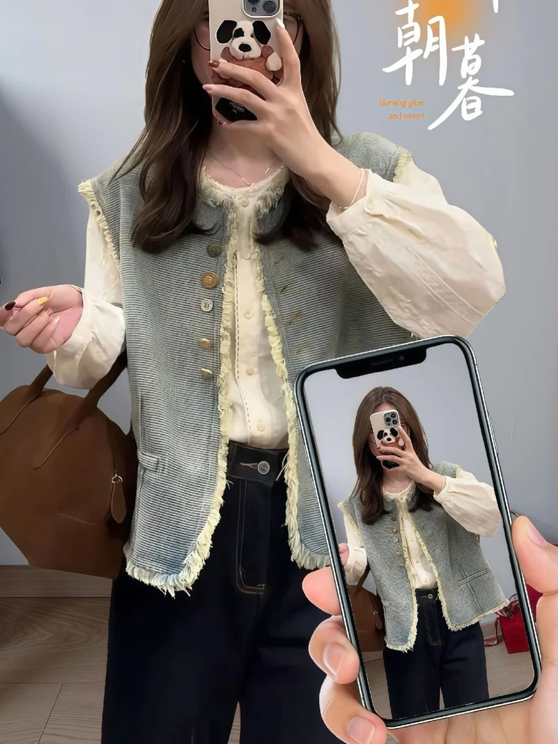 2024秋冬新款女装休闲气质套装女宽松长袖衬衫复古牛仔马甲两件套