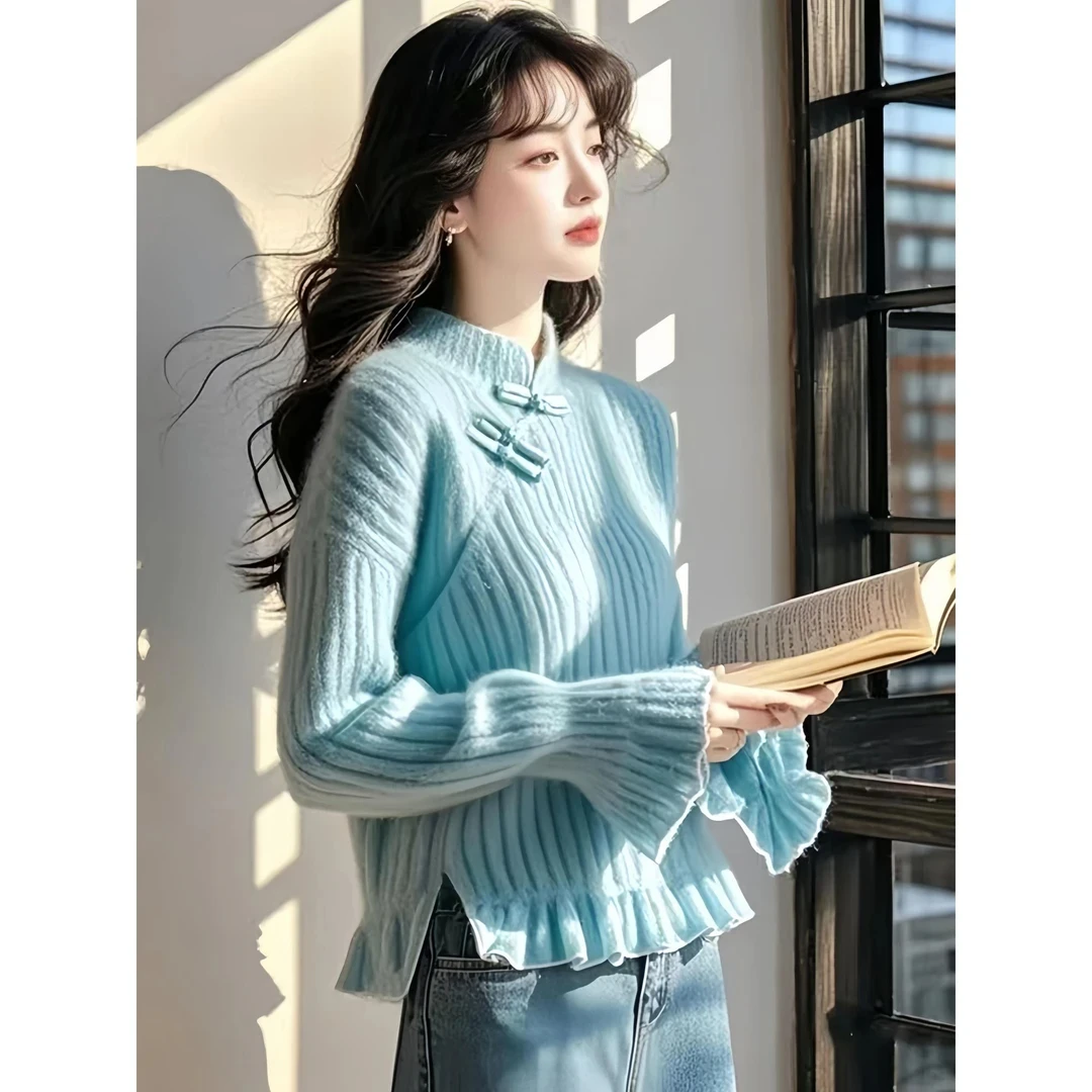 新中式独特漂亮蓝色盘扣针织毛衣女款2025年新款深秋初冬打底内搭