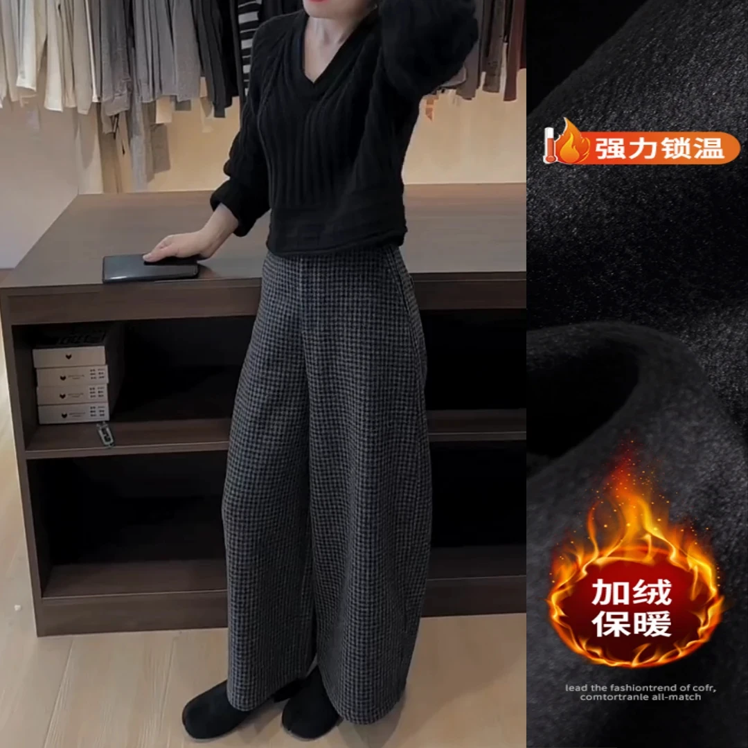 韩系百搭毛呢格子裤2024年秋冬新款保暖加绒高腰显瘦九分阔腿裤女