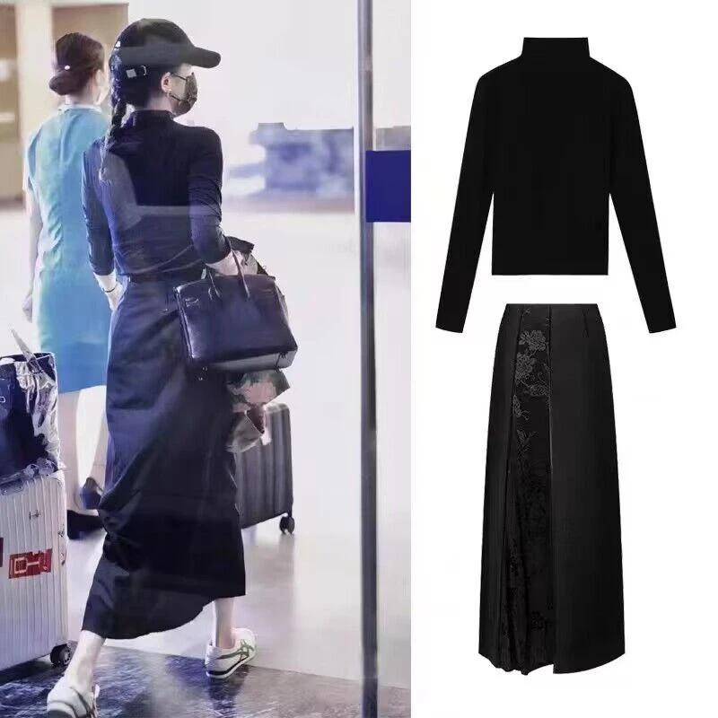 杨幂同款黑色修身针织衫拼接提花半身裙新中式女套装2023秋季