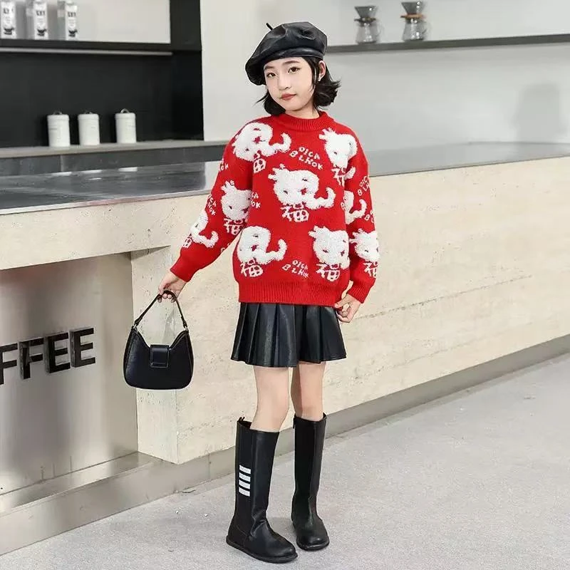红色喜庆毛衣女童加绒2025蛇年本命年儿童针织打底线衣福龙拜年服