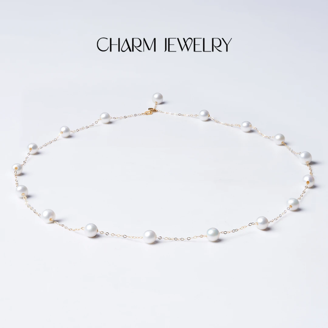 【极光星辰】18K金珍珠淡水AK满天星项链5-6mm近圆形/强光js