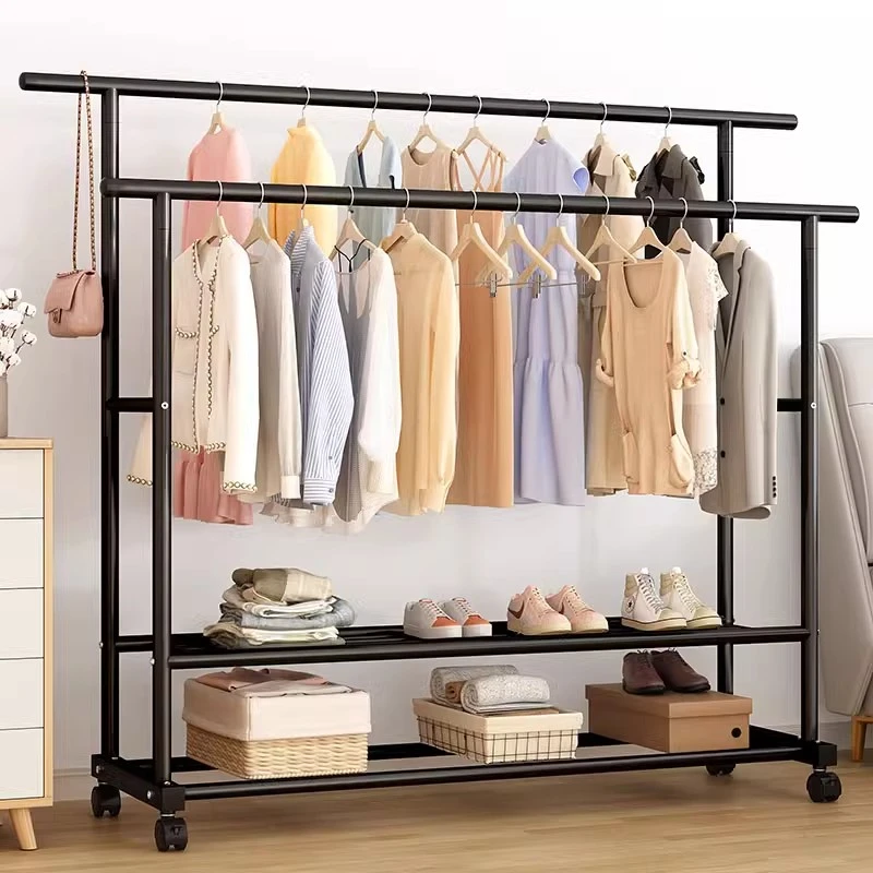 家用落地立式置物架多功能卧室晾衣架宿舍阳台出租屋挂衣杆子耐用