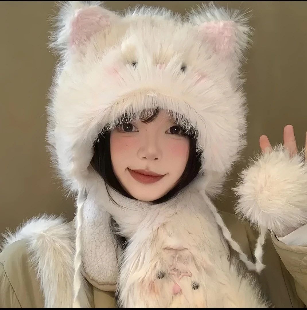 可爱网红百搭冬天学生可爱猫咪耳朵护耳毛绒帽女冬季帽子围巾